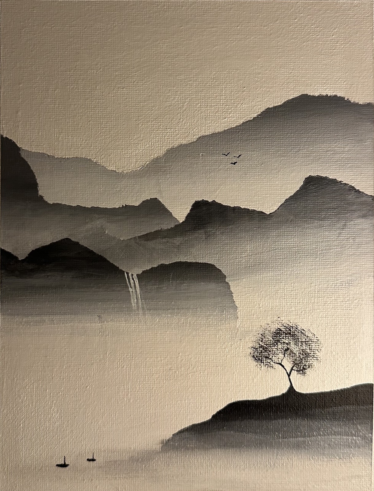 Ink-wash painting of misty layered mountains, a lone tree on a hill and small boats on the water