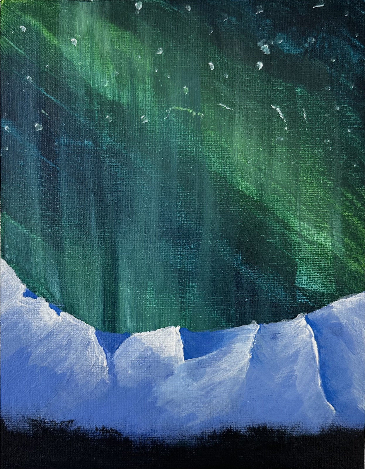 Painting of green aurora and stars above a snow-covered ridge